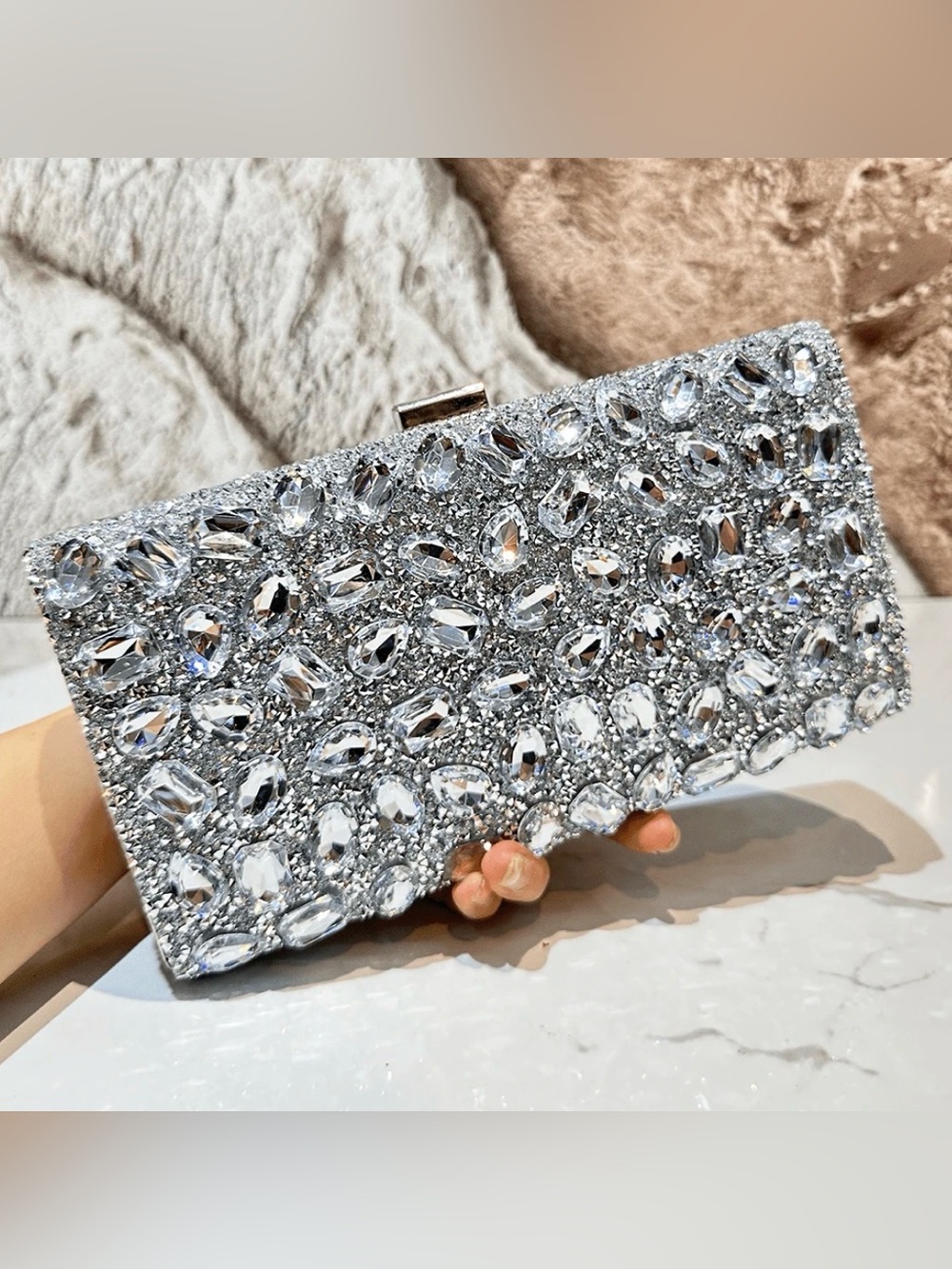 Silver Crystal Embellished Women’s Evening Clutch